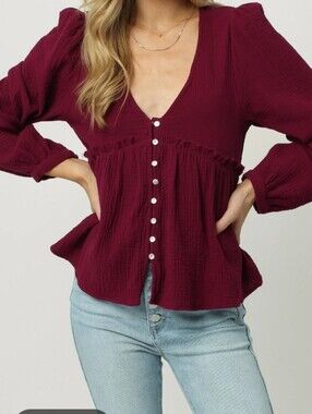 Dear John Oaklynn Cotton Gauze Babydoll Top Beet Red Large